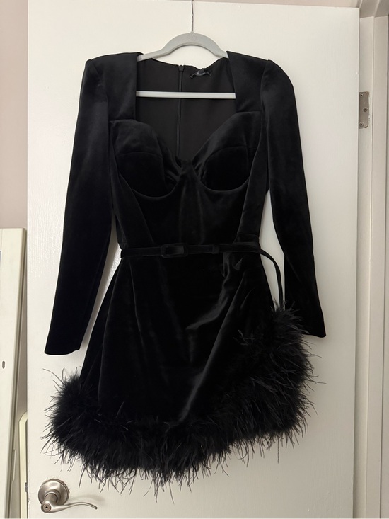 NADINE MERABI Dresses & Skirts - Miley Black Velvet Feather-Hem Mini Dress